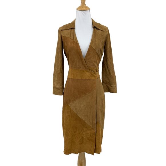Diane Von Furstenberg Goat Suede Wrap Dress Womens 0 Brown Low Cut Tie Waist NEW - Picture 1 of 16